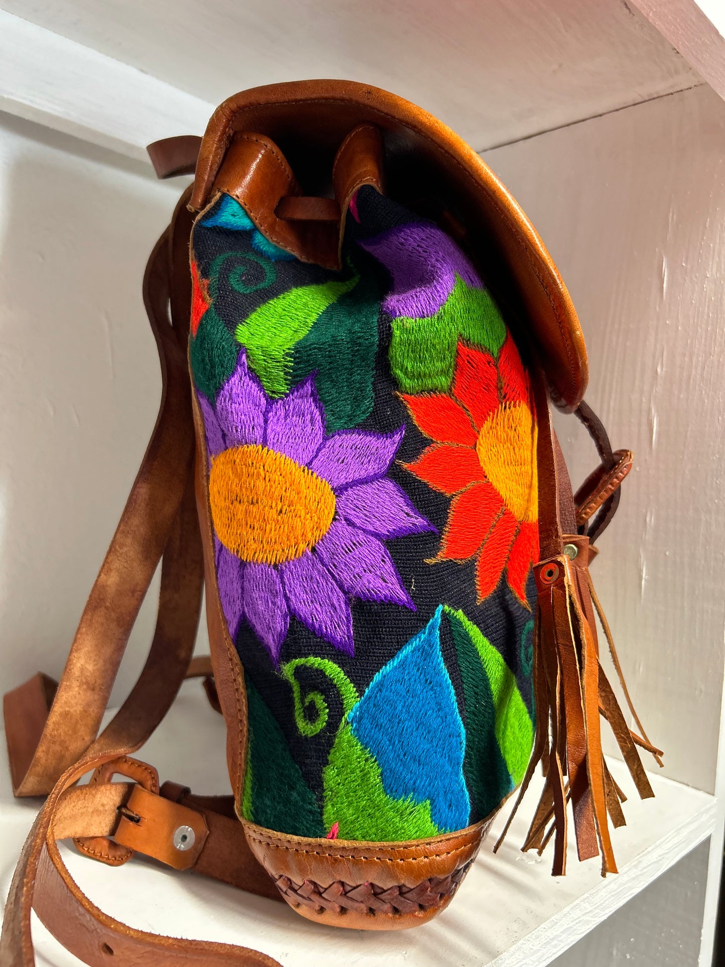 Leather embroidered backpack